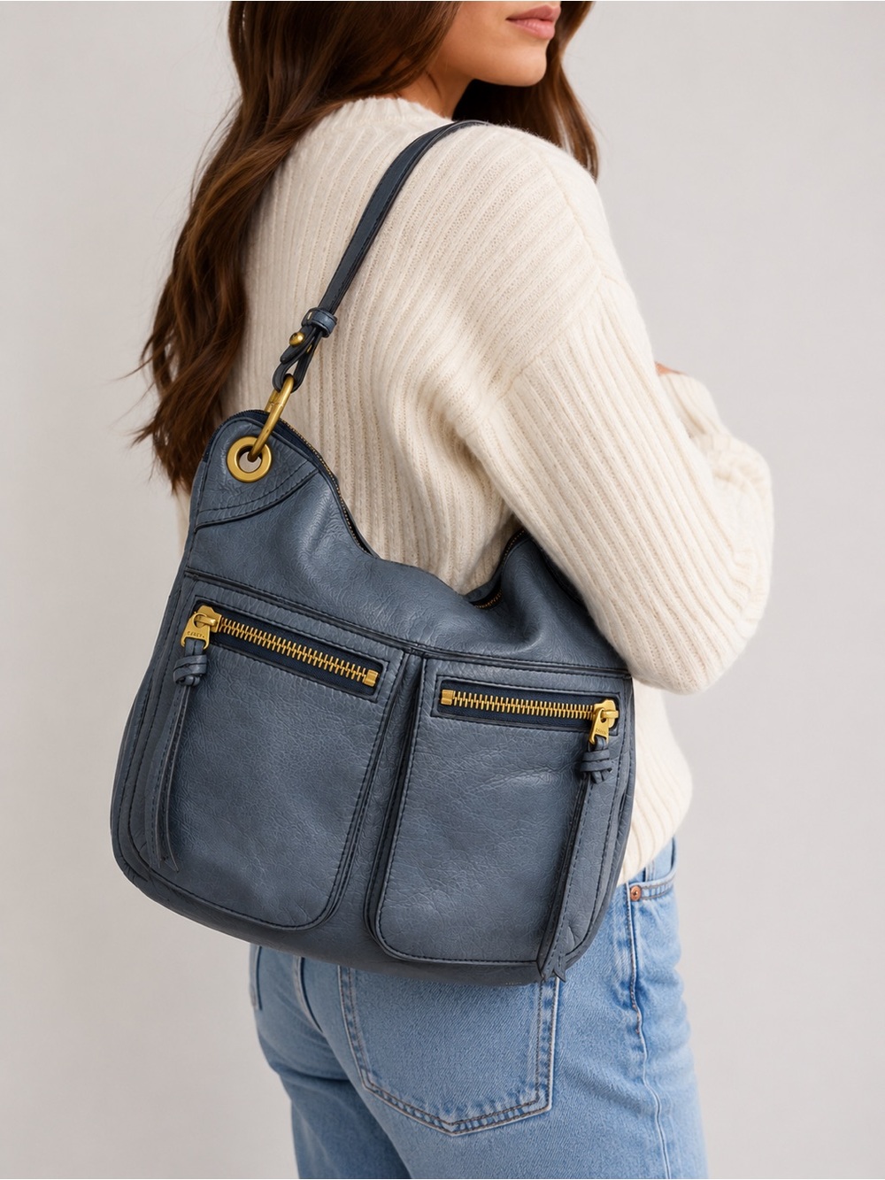 Fossil Navy Leather Shoulder Bag with Gold Hardware